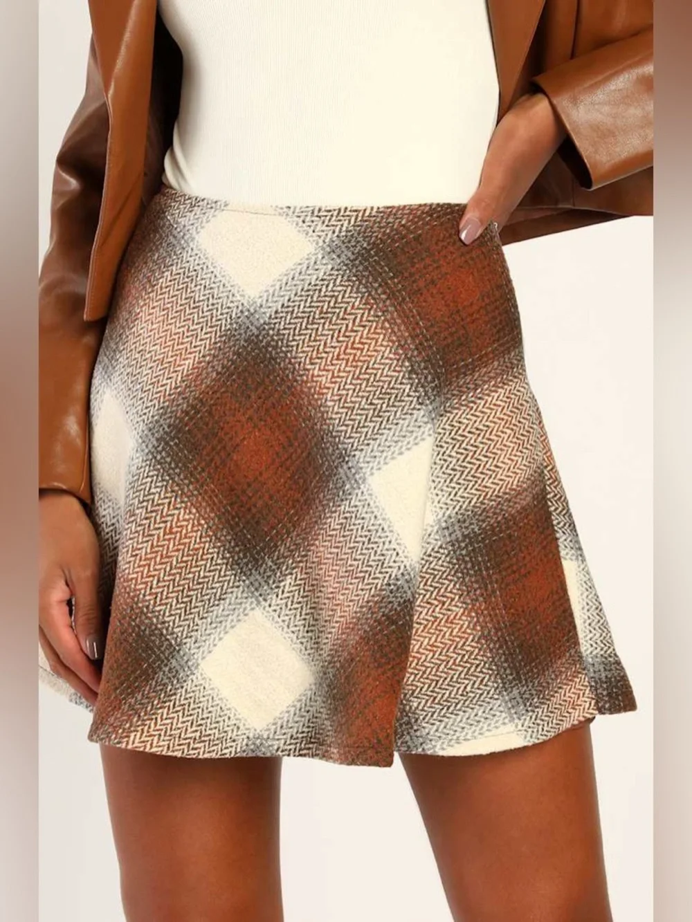 Lulus Plaid You Asked Ivory and Brown Plaid Skater Mini Skirt - Picture 2 of 10